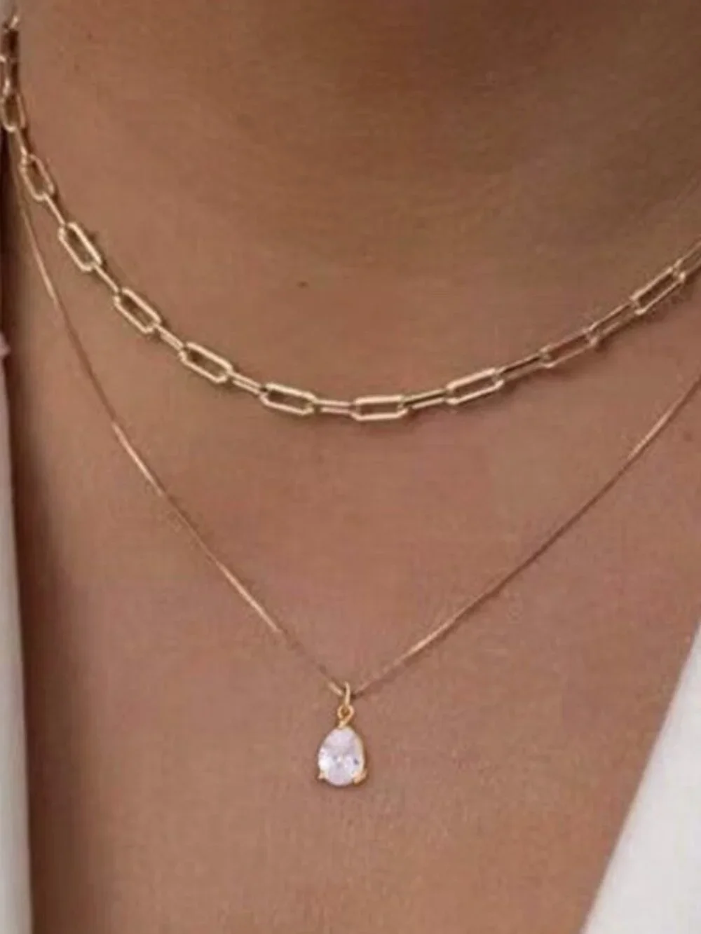 Gold Plated 2pc Layered Tear Drop Paperclip Chain Necklace Set Stainless Steel